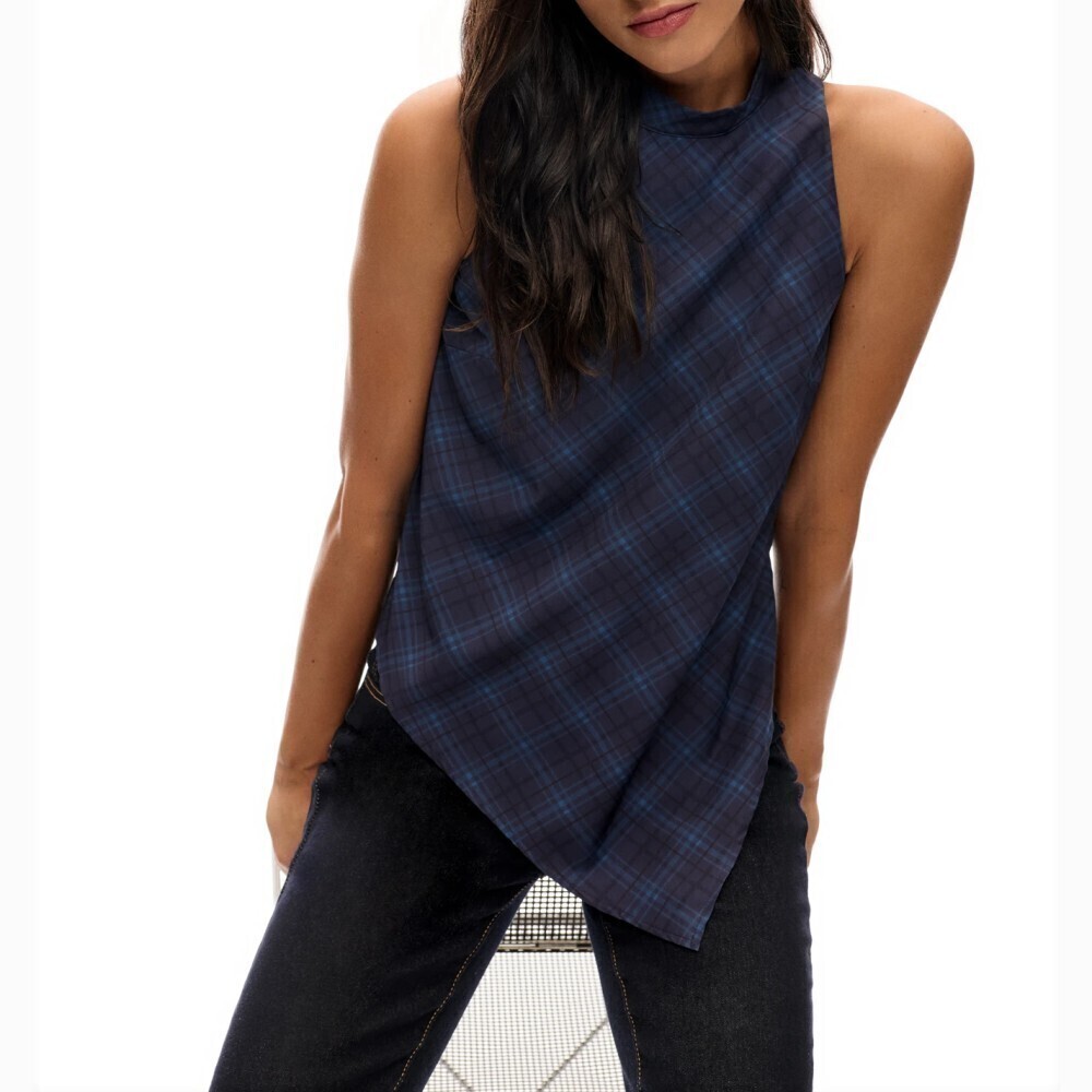 Navy Plaid Mock Neck Asymmetrical Hem Sleeveless Tank Top